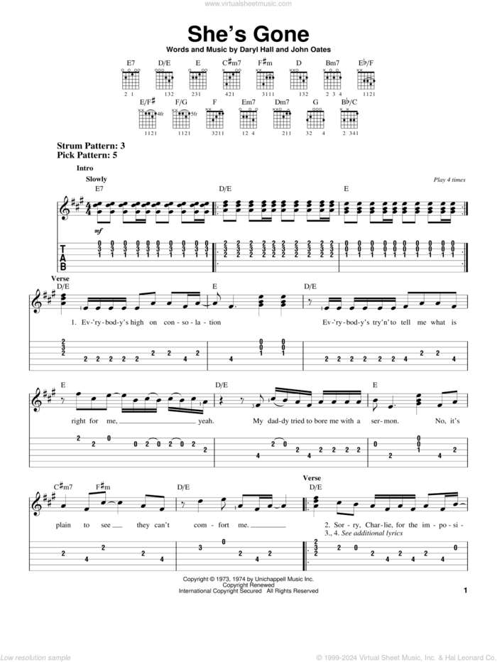 She's Gone sheet music for guitar solo (easy tablature) by Hall and Oates, Daryl Hall and John Oates, easy guitar (easy tablature)