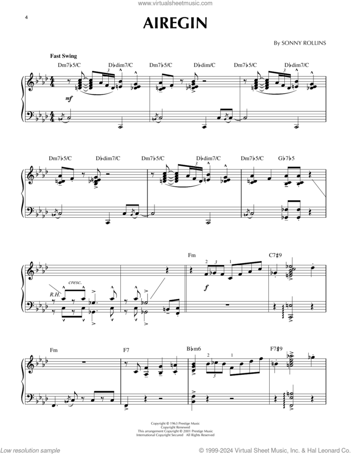 Airegin (arr. Brent Edstrom) [Jazz version] sheet music for piano solo by John Coltrane, Brent Edstrom and Sonny Rollins, intermediate skill level