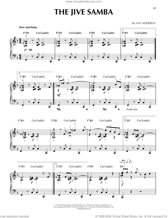 The Jive Samba (arr. Brent Edstrom) [Jazz version] sheet music for piano solo by Cannonball Adderley, Brent Edstrom and Nat Adderley, intermediate skill level