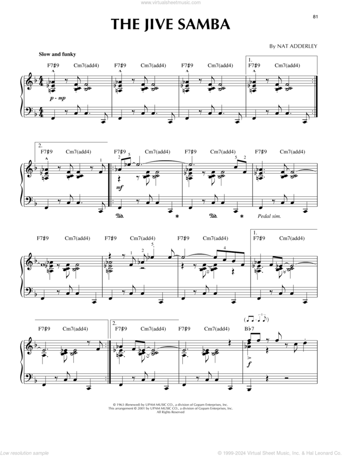 The Jive Samba (arr. Brent Edstrom) [Jazz version] sheet music for piano solo by Cannonball Adderley, Brent Edstrom and Nat Adderley, intermediate skill level