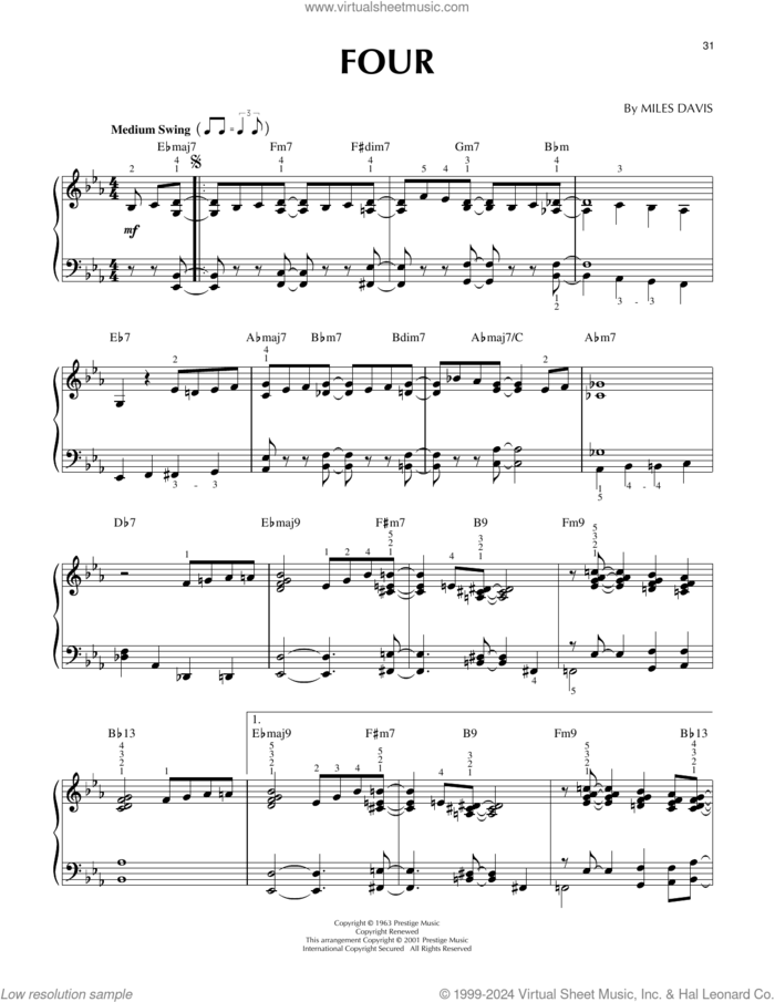 Four sheet music for piano solo by Miles Davis and John Coltrane, intermediate skill level