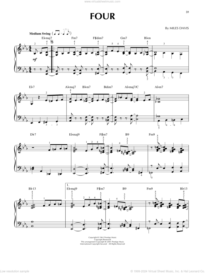 Four sheet music for piano solo by Miles Davis and John Coltrane, intermediate skill level