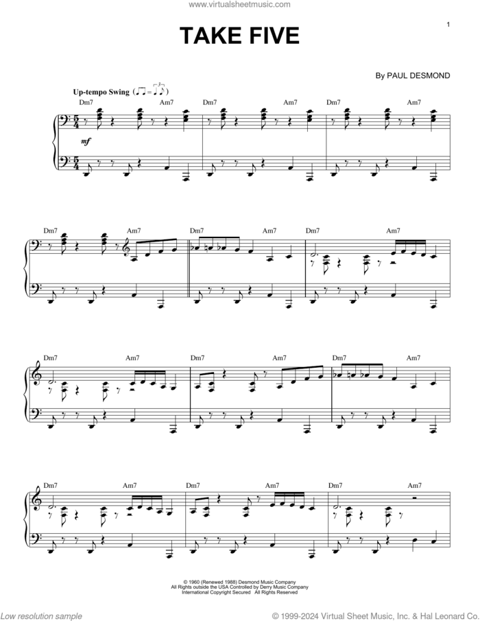 Take Five (arr. Brent Edstrom) [Jazz version] sheet music for piano solo by Paul Desmond and Brent Edstrom, intermediate skill level