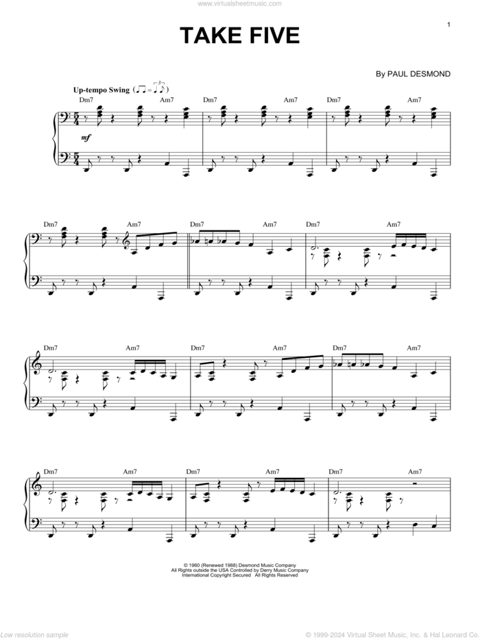 Take Five (arr. Brent Edstrom) [Jazz version] sheet music for piano solo by Paul Desmond and Brent Edstrom, intermediate skill level