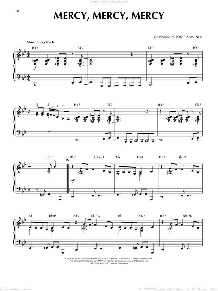 Mercy, Mercy, Mercy (arr. Brent Edstrom) [Jazz version] sheet music for piano solo by The Buckinghams, Brent Edstrom and Josef Zawinul, intermediate skill level