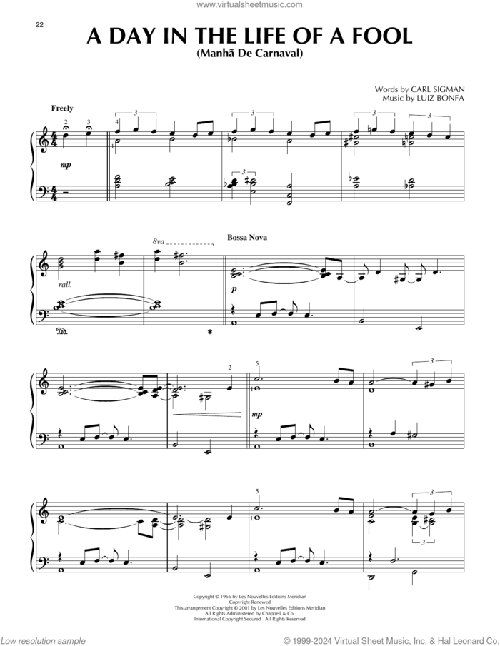 A Day In The Life Of A Fool (Manha De Carnaval), (intermediate) sheet music for piano solo by Carl Sigman and Luiz Bonfa, intermediate skill level