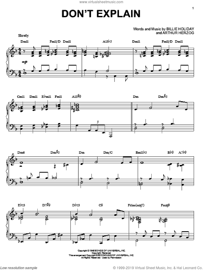Don't Explain (arr. Brent Edstrom) sheet music for piano solo by Billie Holiday and Arthur Herzog Jr., intermediate skill level