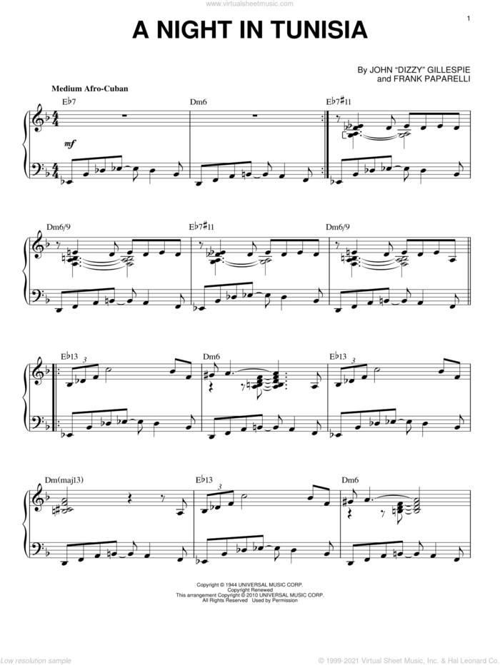 A Night In Tunisia (arr. Brent Edstrom) sheet music for piano solo by Dizzy Gillespie and Frank Paparelli, intermediate skill level