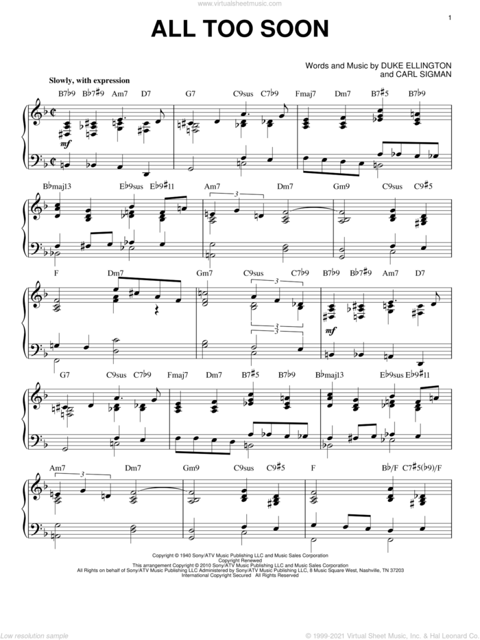 All Too Soon (arr. Brent Edstrom) sheet music for piano solo by Duke Ellington and Carl Sigman, intermediate skill level