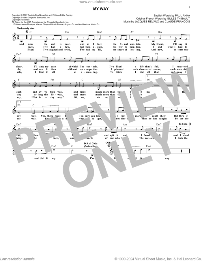 My Way sheet music for voice and other instruments (fake book) by Frank Sinatra, Elvis Presley, Claude Francois, Gilles Thibault, Jacques Revaux and Paul Anka, intermediate skill level