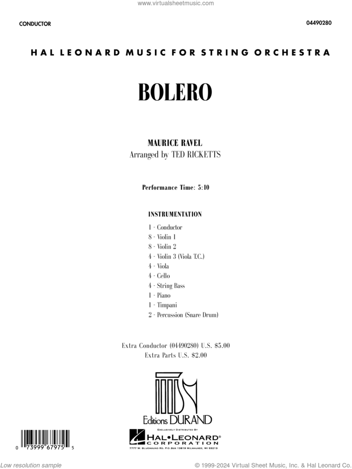 Bolero (arr. Ted Ricketts) (COMPLETE) sheet music for orchestra by Maurice Ravel and Ted Ricketts, classical score, intermediate skill level