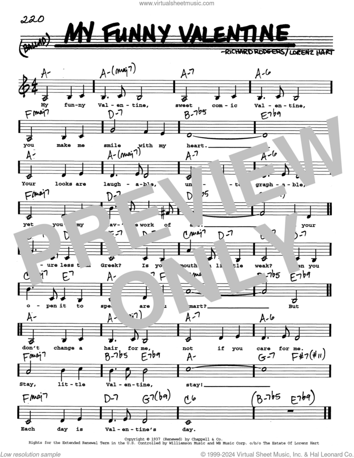 My Funny Valentine (Low Voice) sheet music for voice and other instruments (real book with lyrics) by Richard Rodgers, Lorenz Hart and Rodgers & Hart, intermediate skill level