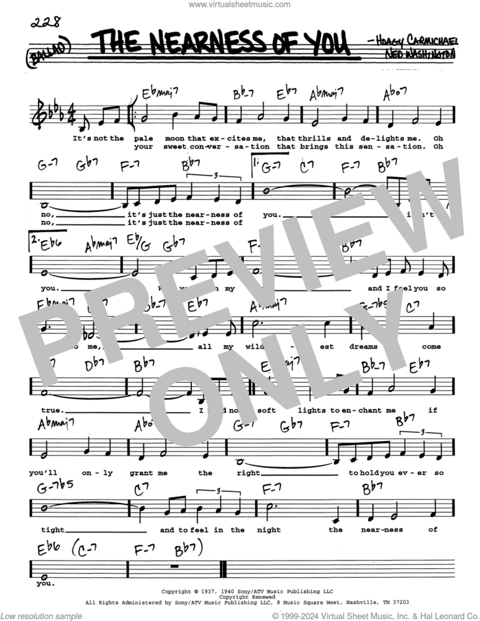 The Nearness Of You (Low Voice) sheet music for voice and other instruments (real book with lyrics) by Hoagy Carmichael and Ned Washington, intermediate skill level