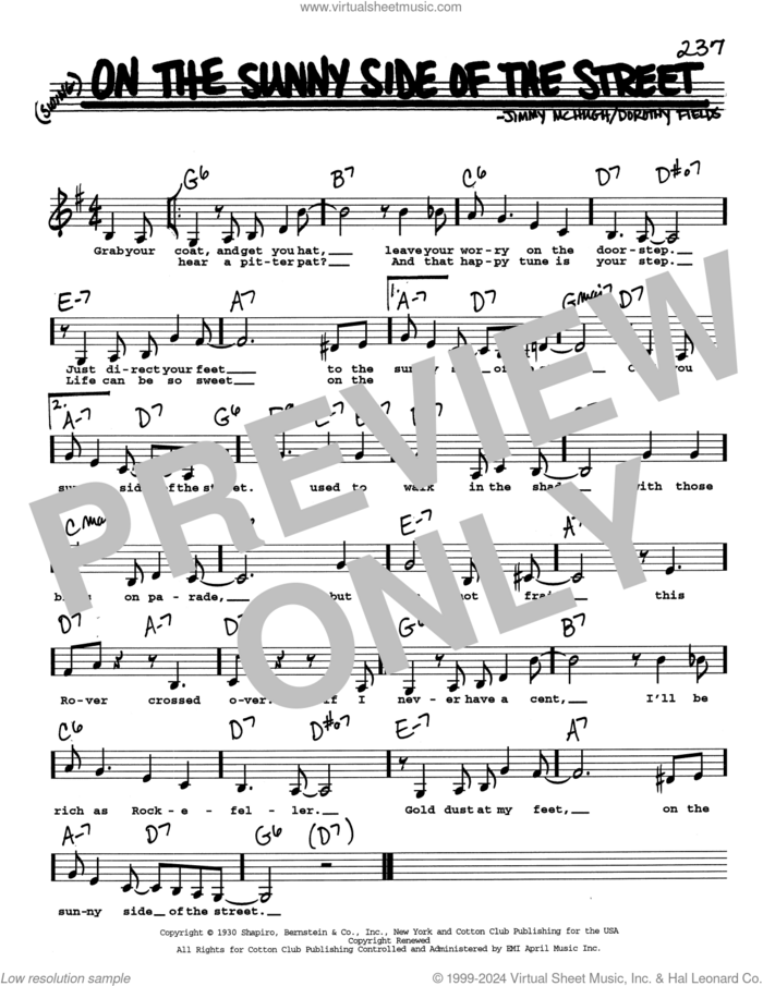 On The Sunny Side Of The Street (Low Voice) sheet music for voice and other instruments (real book with lyrics) by Dorothy Fields and Jimmy McHugh, intermediate skill level