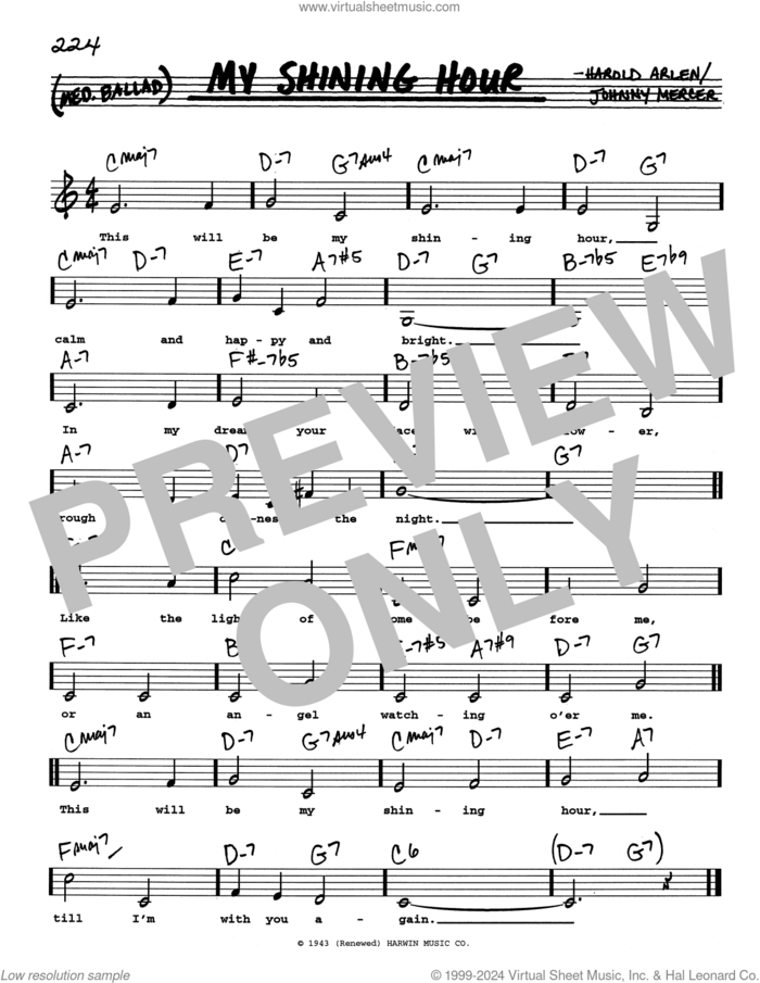 My Shining Hour (Low Voice) sheet music for voice and other instruments (real book with lyrics) by Johnny Mercer and Harold Arlen, intermediate skill level