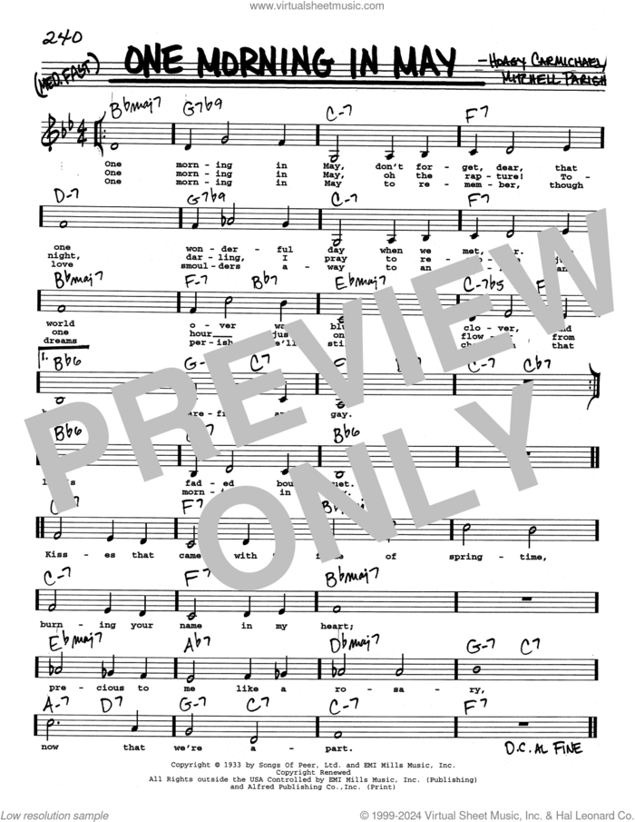 One Morning In May (Low Voice) sheet music for voice and other instruments (real book with lyrics) by Hoagy Carmichael and Mitchell Parish, intermediate skill level