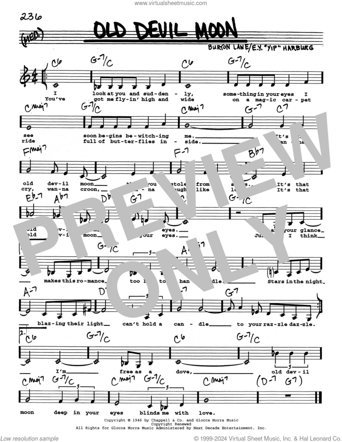 Old Devil Moon (Low Voice) sheet music for voice and other instruments (real book with lyrics) by E.Y. Harburg and Burton Lane, intermediate skill level