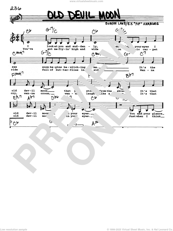 Old Devil Moon (Low Voice) sheet music for voice and other instruments (real book with lyrics) by E.Y. Harburg and Burton Lane, intermediate skill level