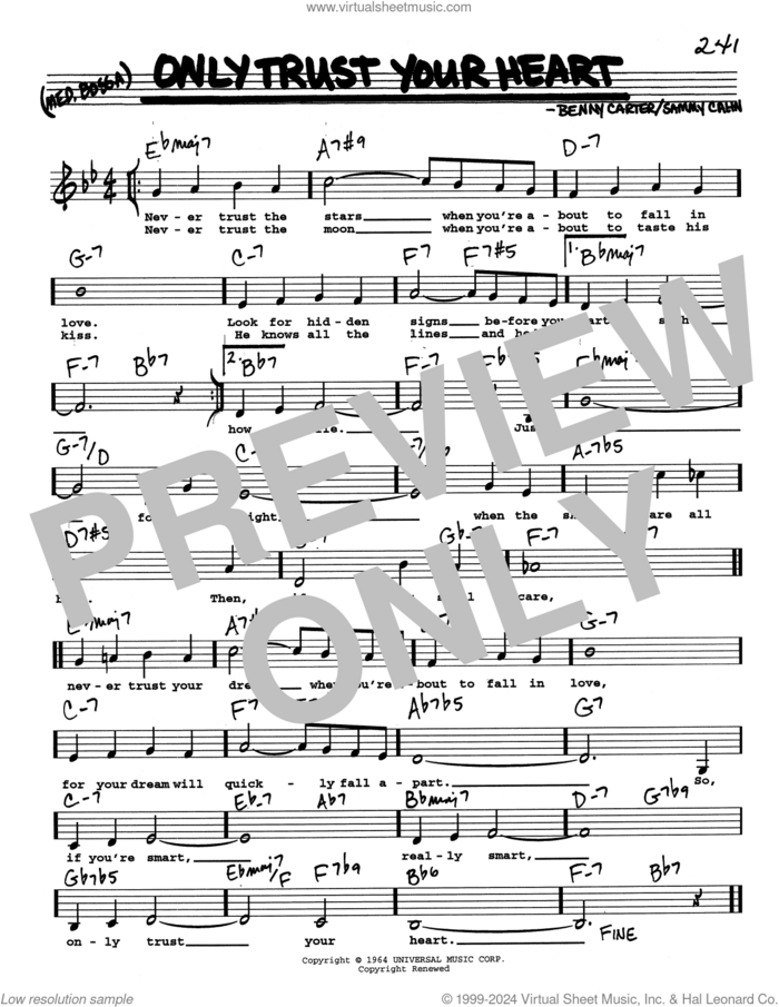 Only Trust Your Heart (Low Voice) sheet music for voice and other instruments (real book with lyrics) by Sammy Cahn and Benny Carter, intermediate skill level