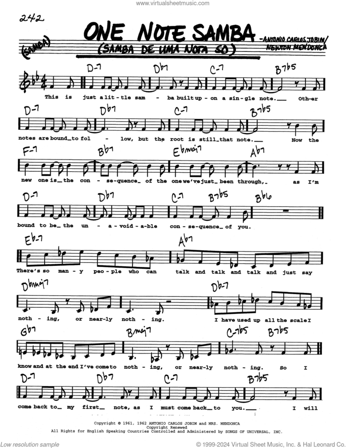 One Note Samba (Samba De Uma Nota So) (Low Voice) sheet music for voice and other instruments (real book with lyrics) by Antonio Carlos Jobim and Newton Mendonca, intermediate skill level