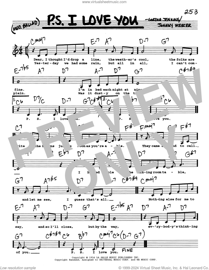 P.S. I Love You (Low Voice) sheet music for voice and other instruments (real book with lyrics) by The Hilltoppers, Gordon Jenkins and Johnny Mercer, intermediate skill level