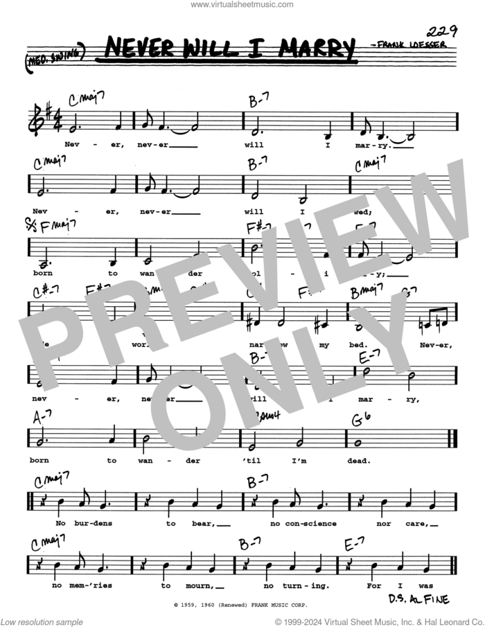 Never Will I Marry (Low Voice) sheet music for voice and other instruments (real book with lyrics) by Frank Loesser, intermediate skill level