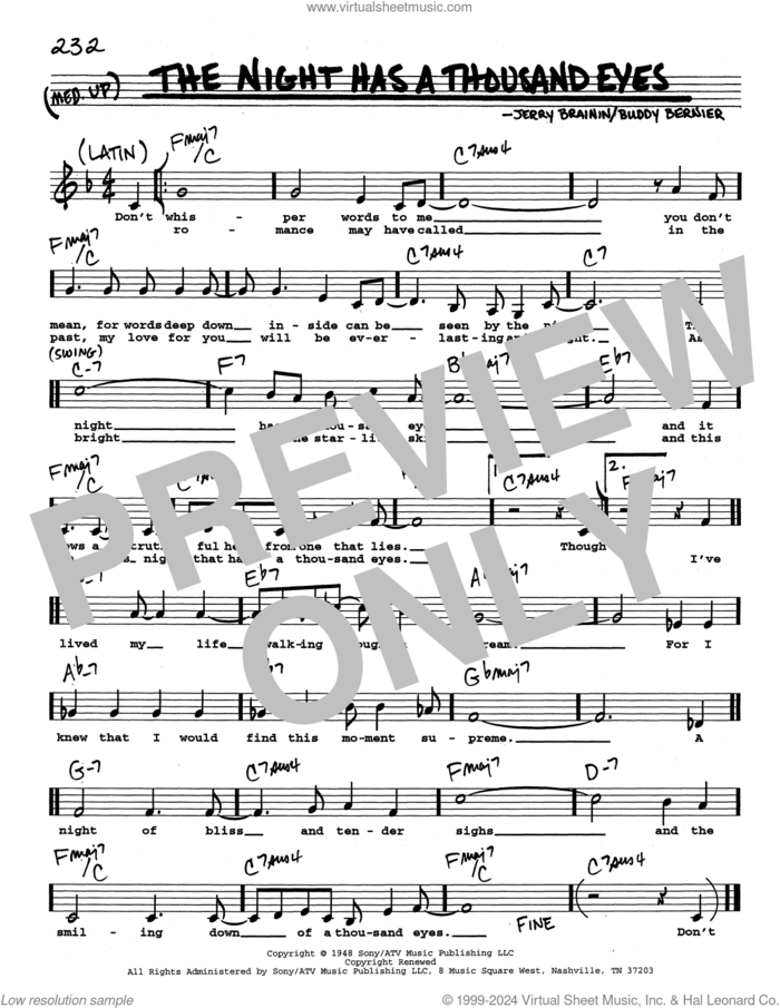 The Night Has A Thousand Eyes (Low Voice) sheet music for voice and other instruments (real book with lyrics) by Buddy Bernier and Jerry Brainin, intermediate skill level