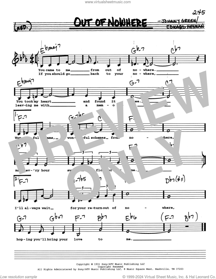 Out Of Nowhere (Low Voice) sheet music for voice and other instruments (real book with lyrics) by Edward Heyman and Johnny Green, intermediate skill level