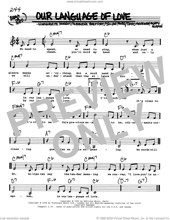 Our Language Of Love (Low Voice) sheet music for voice and other instruments (real book with lyrics) by Monty Norman, Alexandre Breffort, David Heneker, Julian More and Marguerite Monnot, intermediate skill level