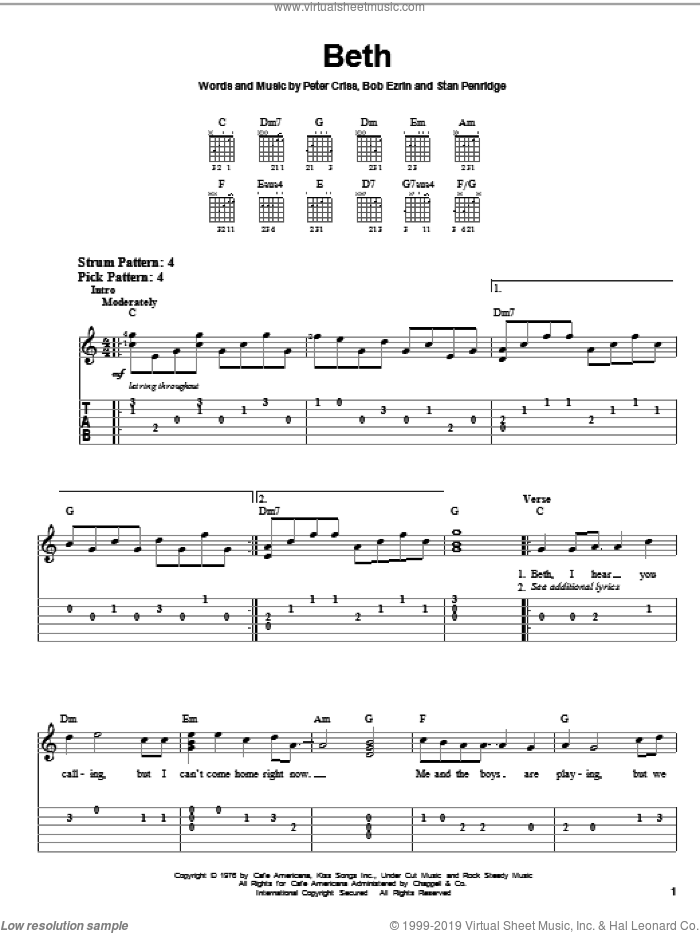 Beth sheet music for guitar solo (easy tablature) by KISS, Bob Ezrin, Peter Criss and Stan Penridge, easy guitar (easy tablature)