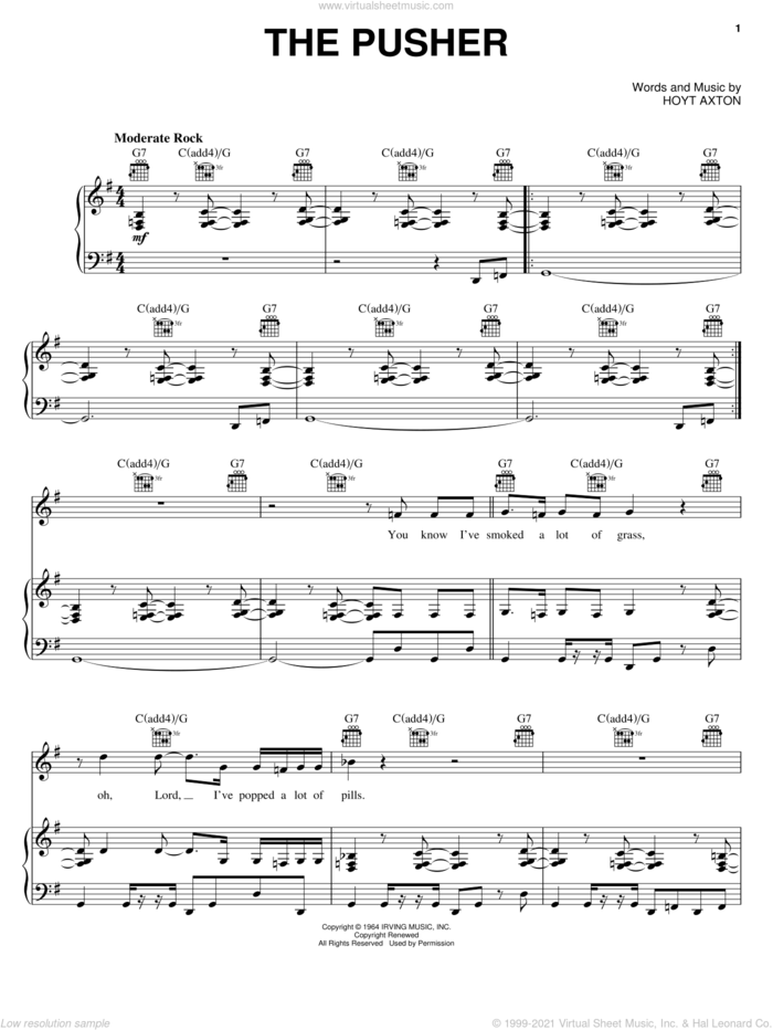 The Pusher sheet music for voice, piano or guitar by Steppenwolf and Hoyt Axton, intermediate skill level