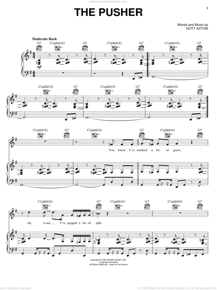 The Pusher sheet music for voice, piano or guitar by Steppenwolf and Hoyt Axton, intermediate skill level