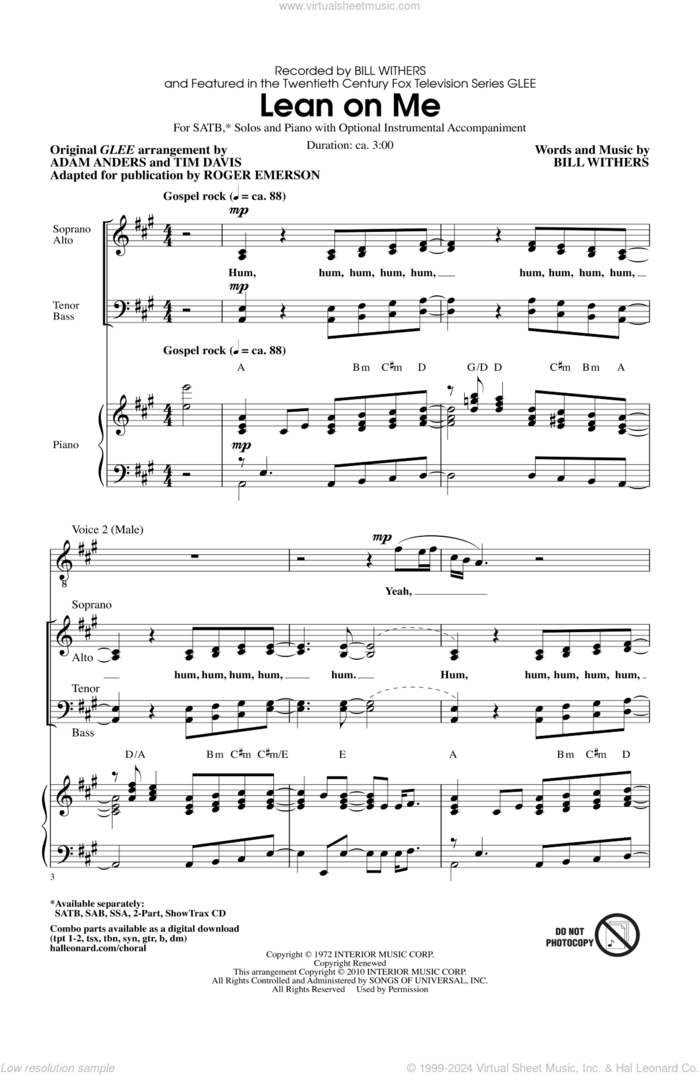 Lean On Me (ed. Roger Emerson) sheet music for choir (SATB: soprano, alto, tenor, bass) by Bill Withers, Adam Anders, Glee Cast, Miscellaneous, Roger Emerson and Tim Davis, intermediate skill level
