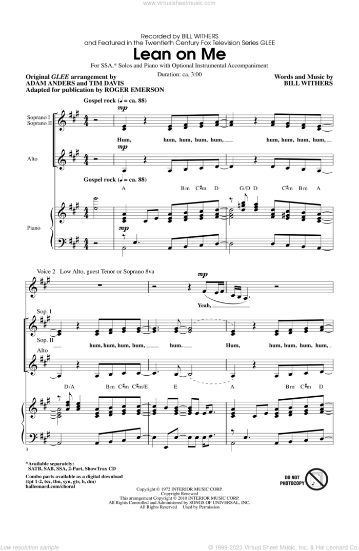Lean On Me (ed. Roger Emerson) sheet music for choir (SSA: soprano, alto) by Bill Withers, Adam Anders, Glee Cast, Miscellaneous, Roger Emerson and Tim Davis, intermediate skill level