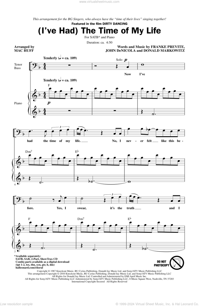 (I've Had) The Time Of My Life (arr. Mac Huff) sheet music for choir (SATB: soprano, alto, tenor, bass) by Mac Huff, Bill Medley & Jennifer Warnes, Donald Markowitz, Franke Previte and John DeNicola, intermediate skill level