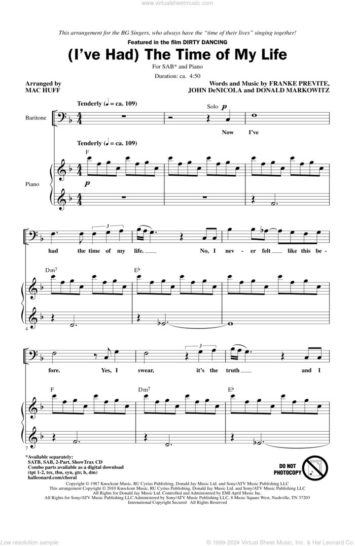 (I've Had) The Time Of My Life (arr. Mac Huff) sheet music for choir (SAB: soprano, alto, bass) by Bill Medley & Jennifer Warnes, Donald Markowitz, Franke Previte, John DeNicola and Mac Huff, intermediate skill level