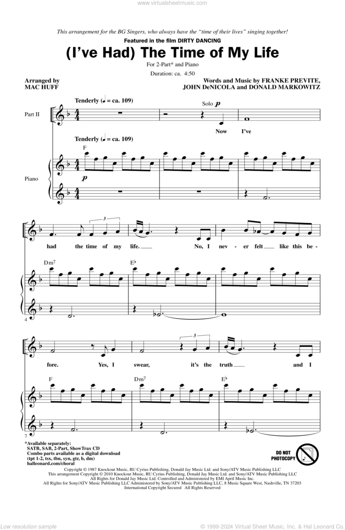 (I've Had) The Time Of My Life (arr. Mac Huff) sheet music for choir (2-Part) by Bill Medley & Jennifer Warnes, Donald Markowitz, Franke Previte, John DeNicola and Mac Huff, intermediate duet