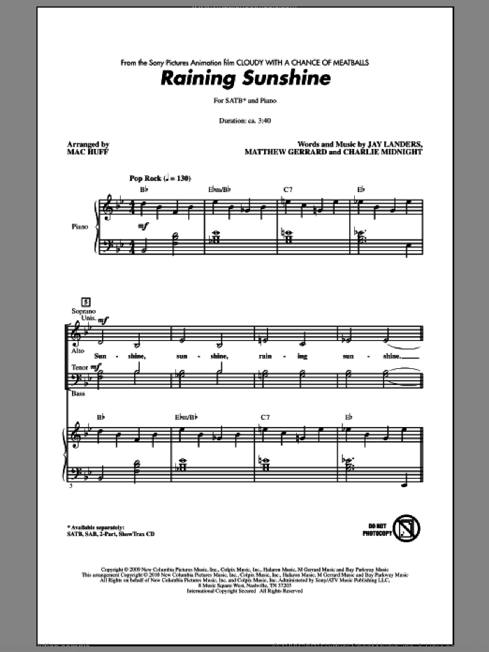 Raining Sunshine (from Cloudy With A Chance Of Meatballs) sheet music for choir (SATB: soprano, alto, tenor, bass) by Matthew Gerrard, Charlie Midnight, Jay Landers, Amanda Cosgrove and Mac Huff, intermediate skill level
