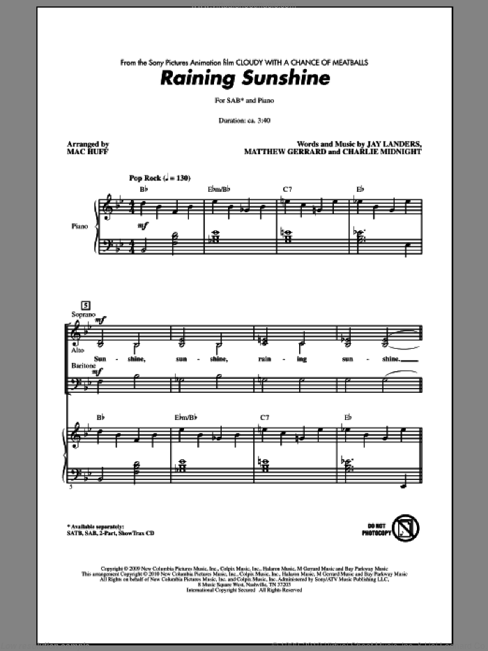 Raining Sunshine (from Cloudy With A Chance Of Meatballs) sheet music for choir (SAB: soprano, alto, bass) by Matthew Gerrard, Charlie Midnight, Jay Landers, Amanda Cosgrove and Mac Huff, intermediate skill level