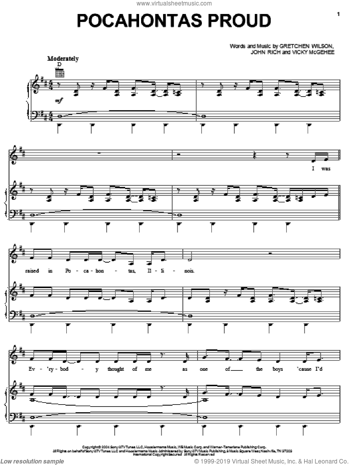 Pocahontas Proud sheet music for voice, piano or guitar by Gretchen Wilson, John Rich and Vicky McGehee, intermediate skill level
