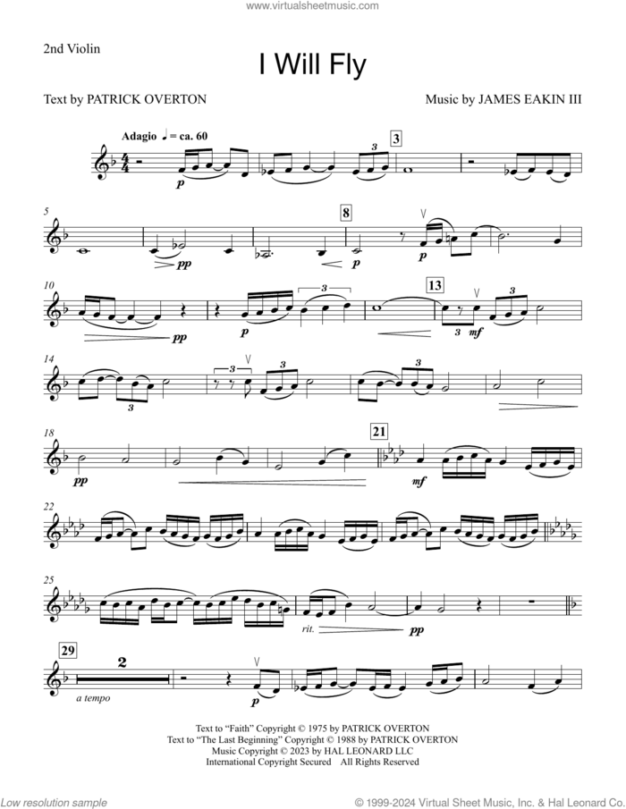 I Will Fly sheet music for orchestra/band (violin 2) by James Eakin III and Patrick Overton, intermediate skill level