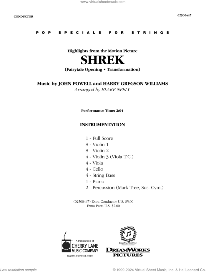 Highlights from Shrek (COMPLETE) sheet music for orchestra by Blake Neely, Harry Gregson-Williams and John Powell, intermediate skill level