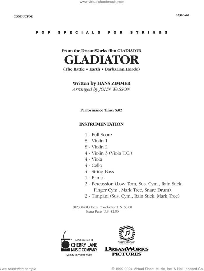 Gladiator (arr. John Wasson) (COMPLETE) sheet music for orchestra by Hans Zimmer and John Wasson, intermediate skill level