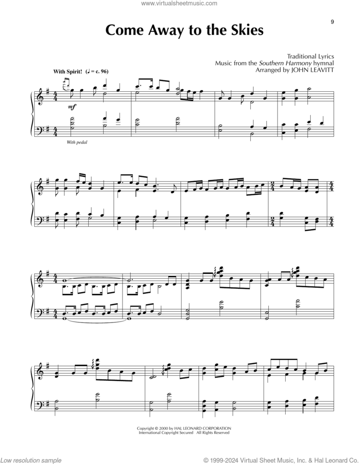 Come Away To The Skies (arr. John Leavitt) sheet music for piano solo , John Leavitt and 'The Southern Harmony' hymnal, intermediate skill level