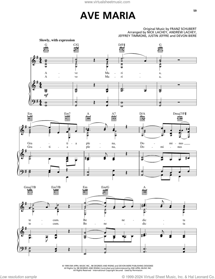 Ave Maria sheet music for voice, piano or guitar by 98º, Andrew Lachey, Devon Biere, Jeffrey Timmons, Justin Jeffre and Nick Lachey, intermediate skill level