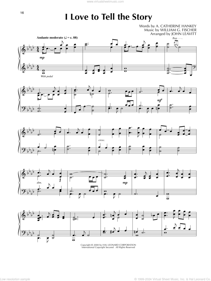 I Love To Tell The Story (arr. John Leavitt) sheet music for piano solo by William G. Fischer, John Leavitt and A. Catherine Hankey, intermediate skill level