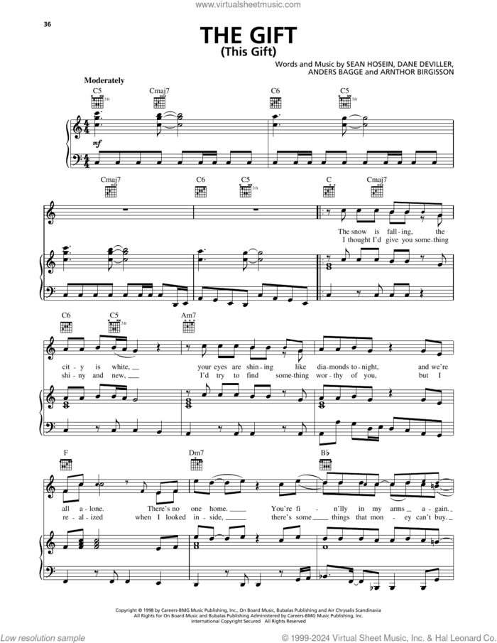 The Gift (This Gift) sheet music for voice, piano or guitar by 98º, Anders Bagge, Arnthor Birgisson, Dane Deviller and Sean Hosein, intermediate skill level
