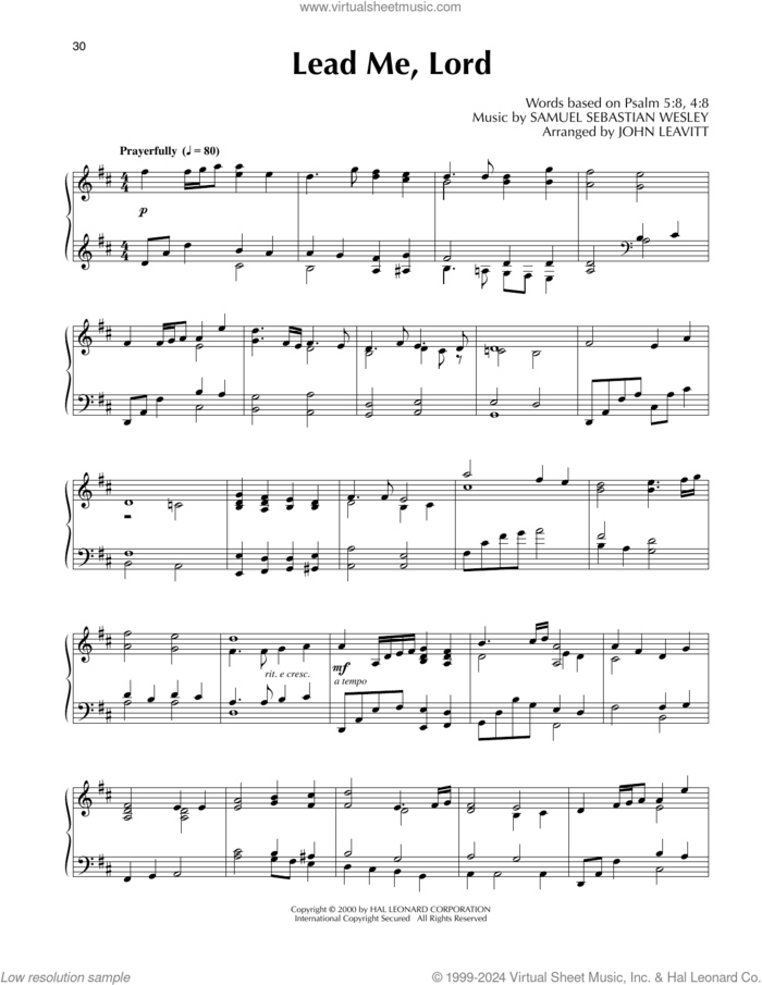 Lead Me, Lord (arr. John Leavitt) sheet music for piano solo by Samuel Sebastian Wesley, John Leavitt and Psalm 5:8, 4:9, intermediate skill level