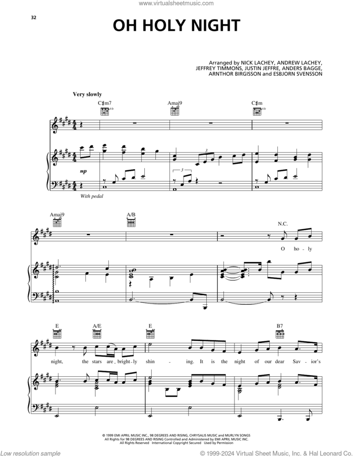 Oh Holy Night sheet music for voice, piano or guitar by 98º, Anders Bagge, Andrew Lachey, Arnthor Birgisson, Esbjorn Svensson, Jeffrey Timmons, Justin Jeffre and Nick Lachey, intermediate skill level