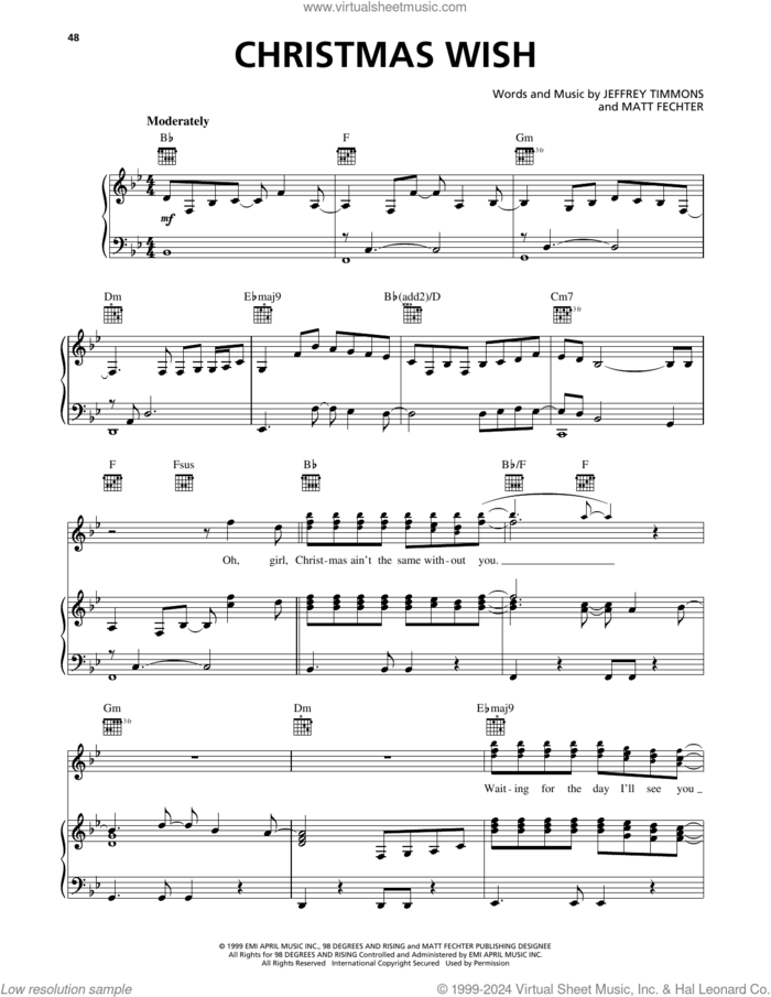 Christmas Wish sheet music for voice, piano or guitar by 98º, Jeffrey Timmons and Matt Fechter, intermediate skill level